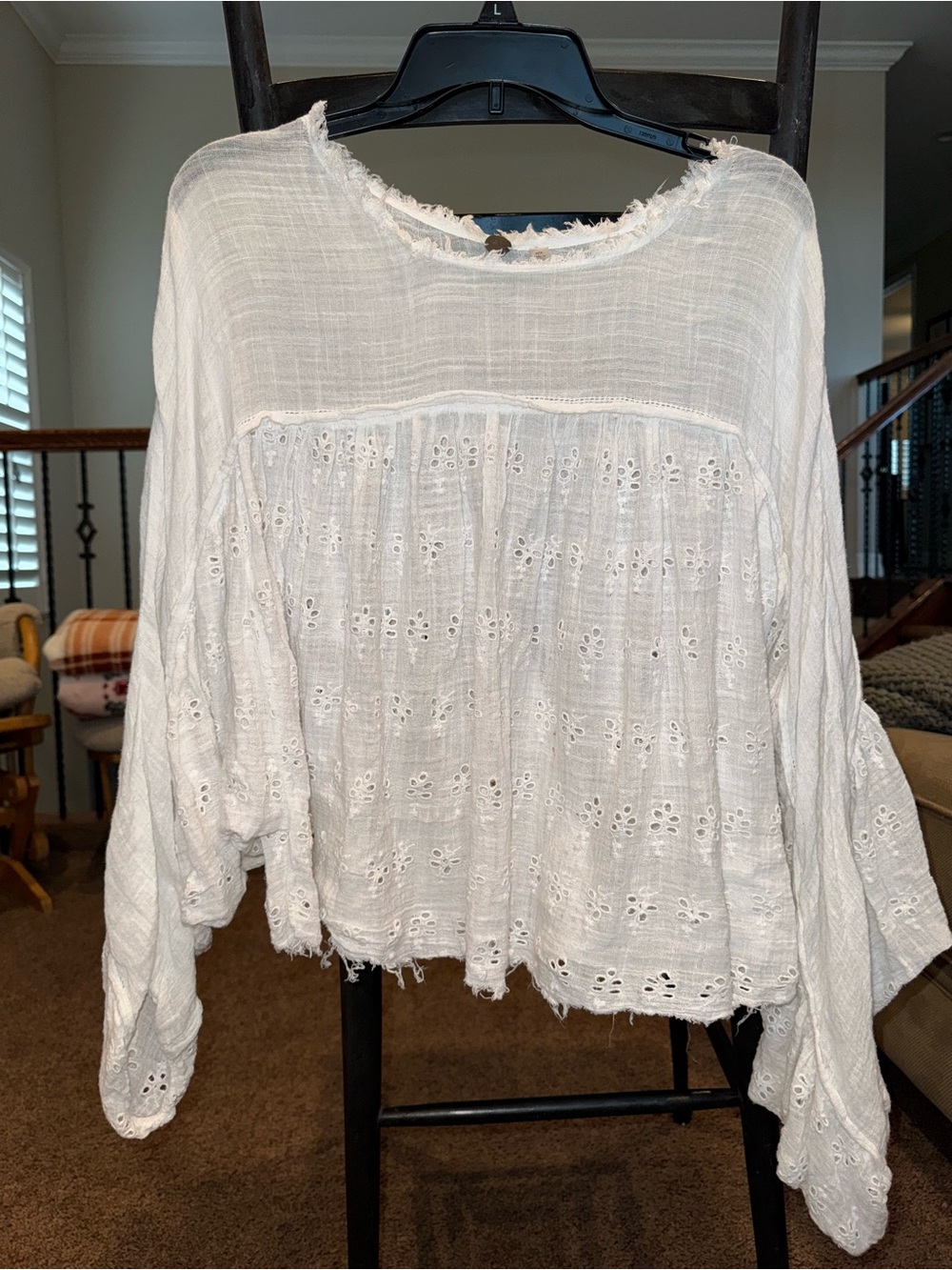 Free People One White Eyelet Gauze Distressed Peasant Top